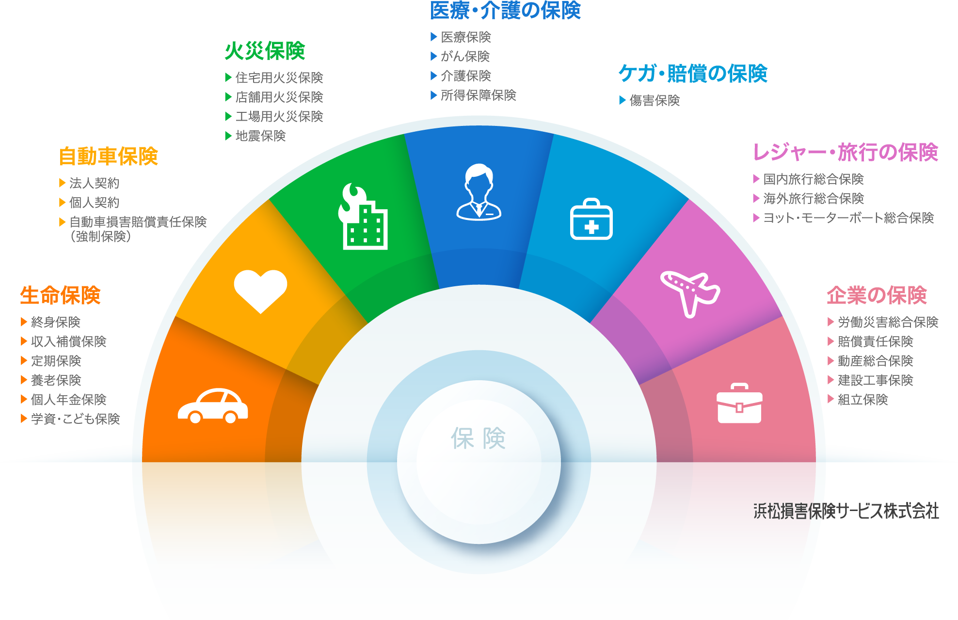 生命保険、自動車保険、火災保険、医療・介護保険、ケガ・賠償の保険、レジャー・旅行の保険、企業の保険